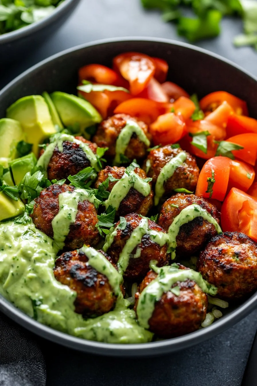 Barbecue Meatball Bowls with Avocado Goddess Sauce