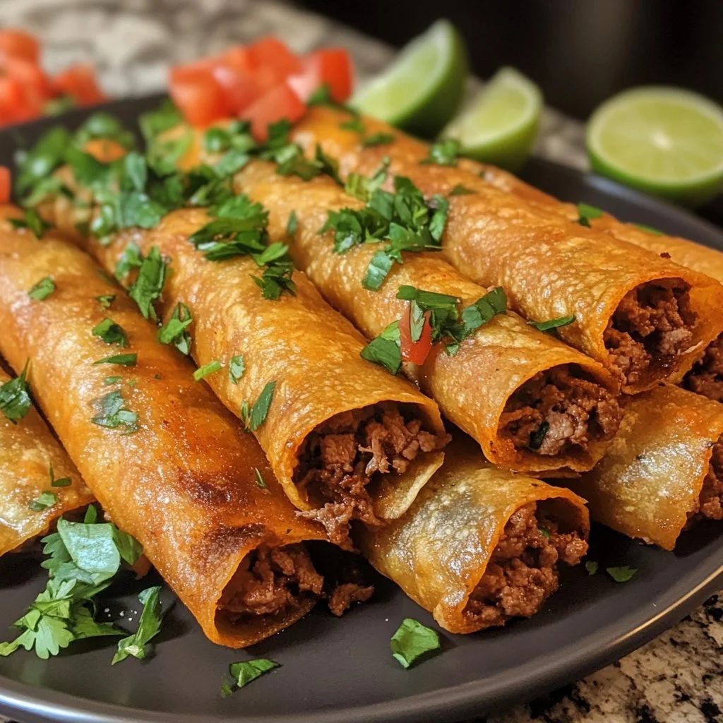 Plate of crispy beef taquitos garnished with salsa and cilantro