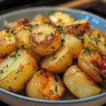 Golden brown roast potatoes arranged on a plate, ready to serve.