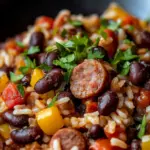 Delicious black beans and rice with sausage served in a bowl