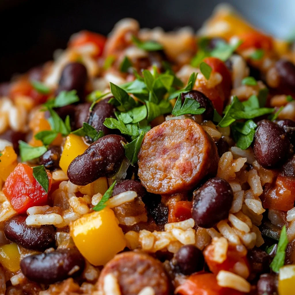 Delicious black beans and rice with sausage served in a bowl