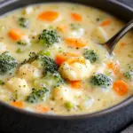 Bowl of broccoli, cauliflower, and cheese soup topped with herbs.