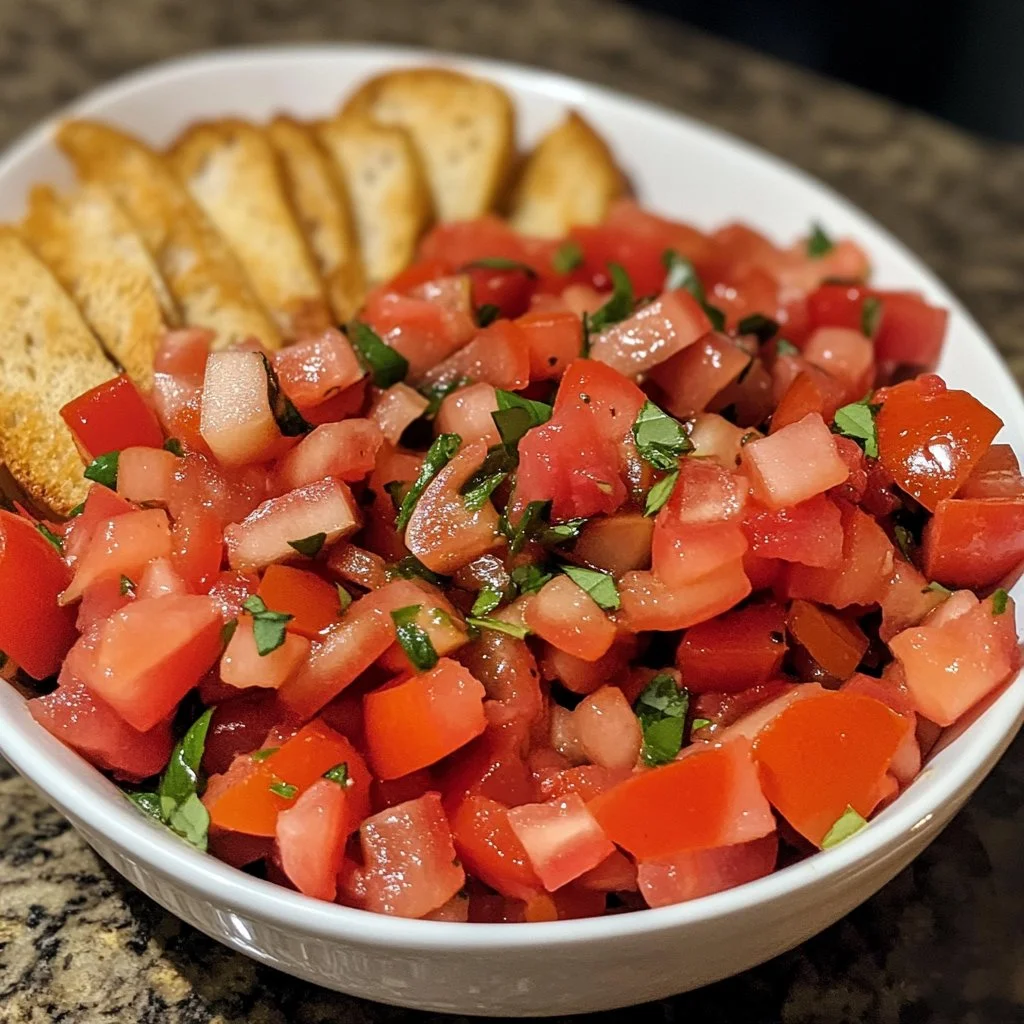 Delicious bruschetta dip served in a bowl with fresh herbs and bread slices