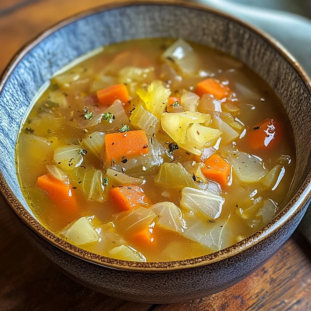 Bowl of delicious cabbage soup garnished with herbs and vegetables