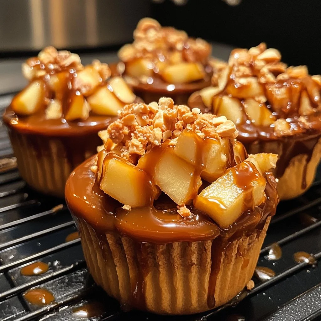 Delicious caramel apple dessert cups served in clear cups with toppings.