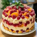 Delicious Champagne Cake topped with raspberry and peach puree for a festive dessert