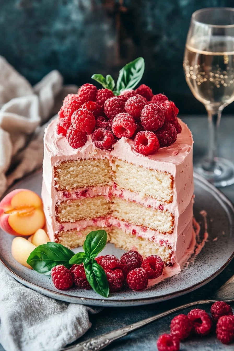 Champagne Cake with Raspberry and Peach Puree