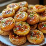 Cheesy thumbprint appetizers with hot pepper jelly on a platter