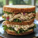Delicious chicken salad sandwich on a plate with fresh ingredients