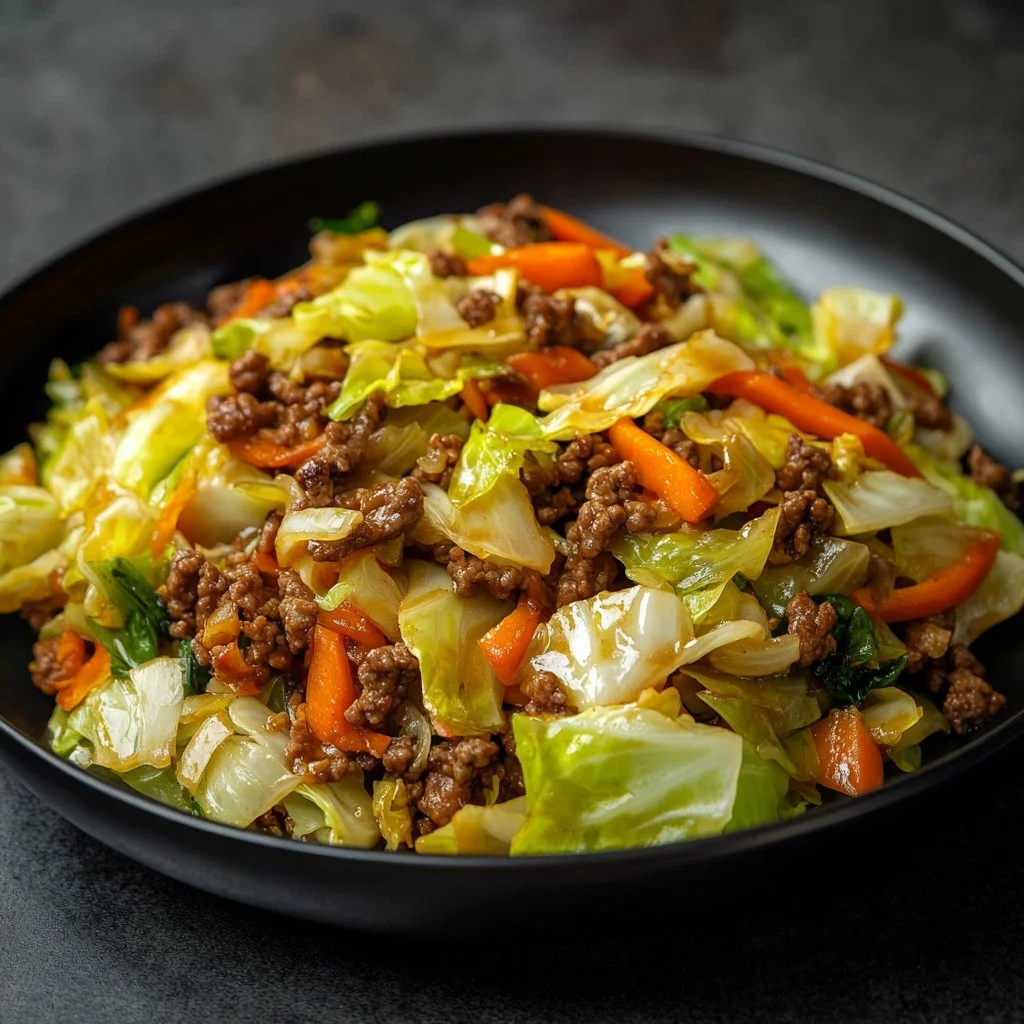 Chinese Ground Beef and Cabbage Stir-Fry served in a bowl with vegetables