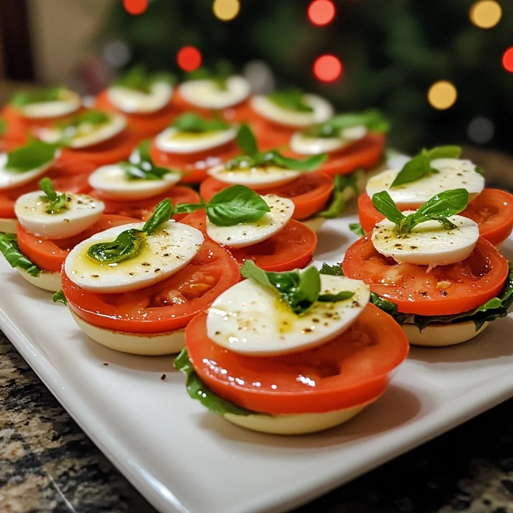 Festive Christmas Mini Caprese Salad Cups with tomatoes, mozzarella, and basil.