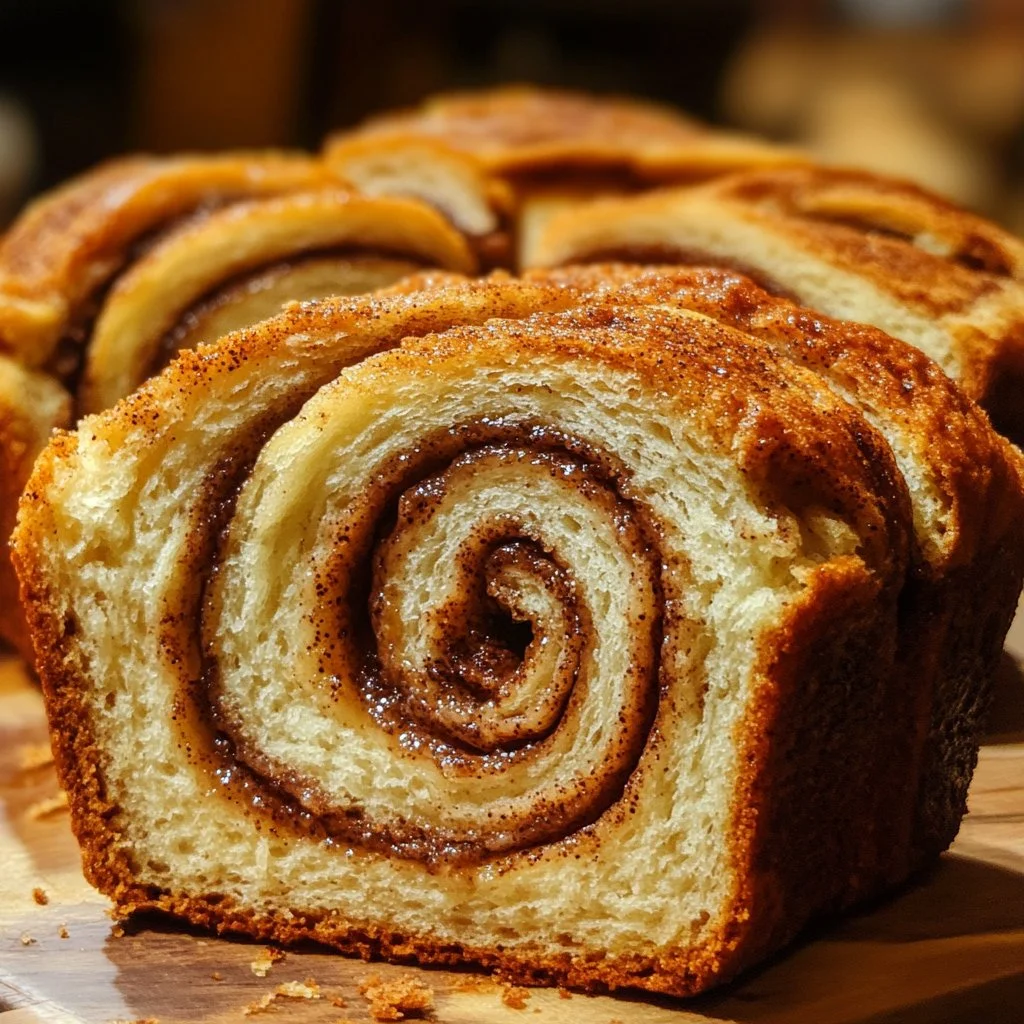 Freshly baked Cinnamon Swirl Bread with golden crust and sweet cinnamon filling.