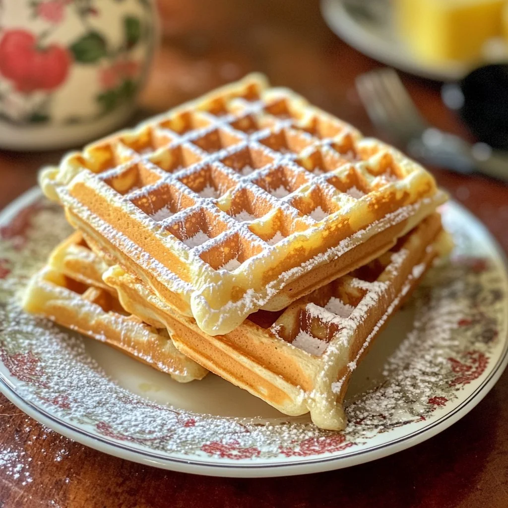 Delicious classic waffles served with syrup and fresh fruits.
