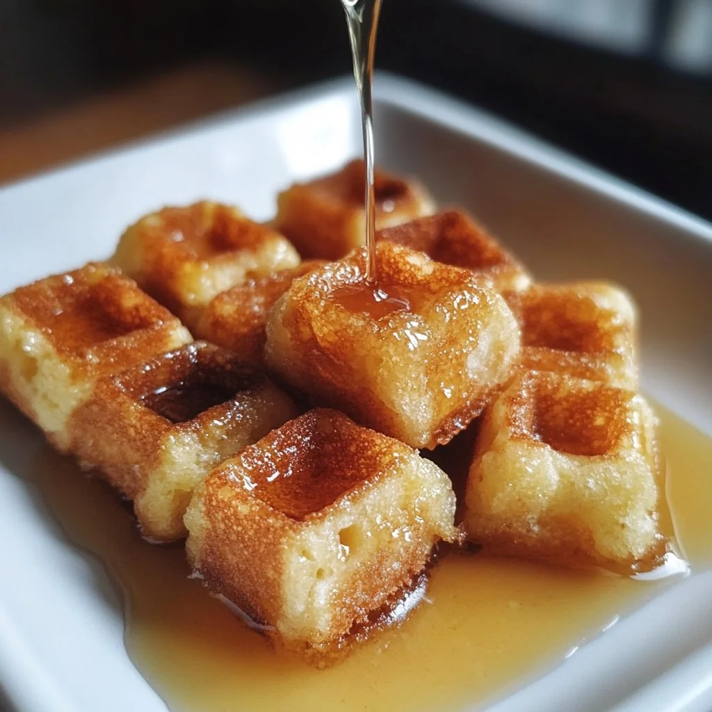 Delicious cornbread waffle bites topped with honey butter syrup on a plate