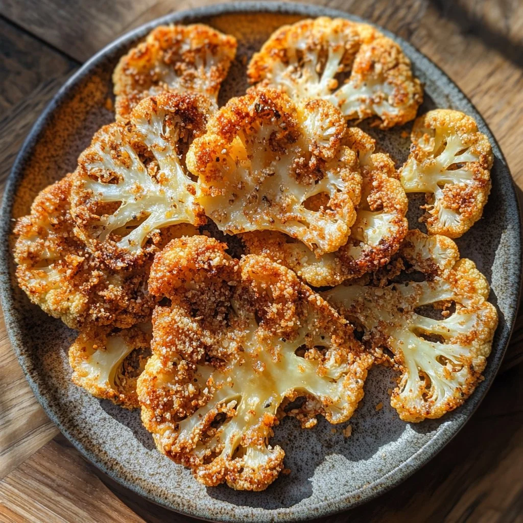 Plate of crispy baked cauliflower steaks garnished with herbs