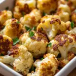 Crispy roasted cauliflower served on a plate, garnished with herbs.