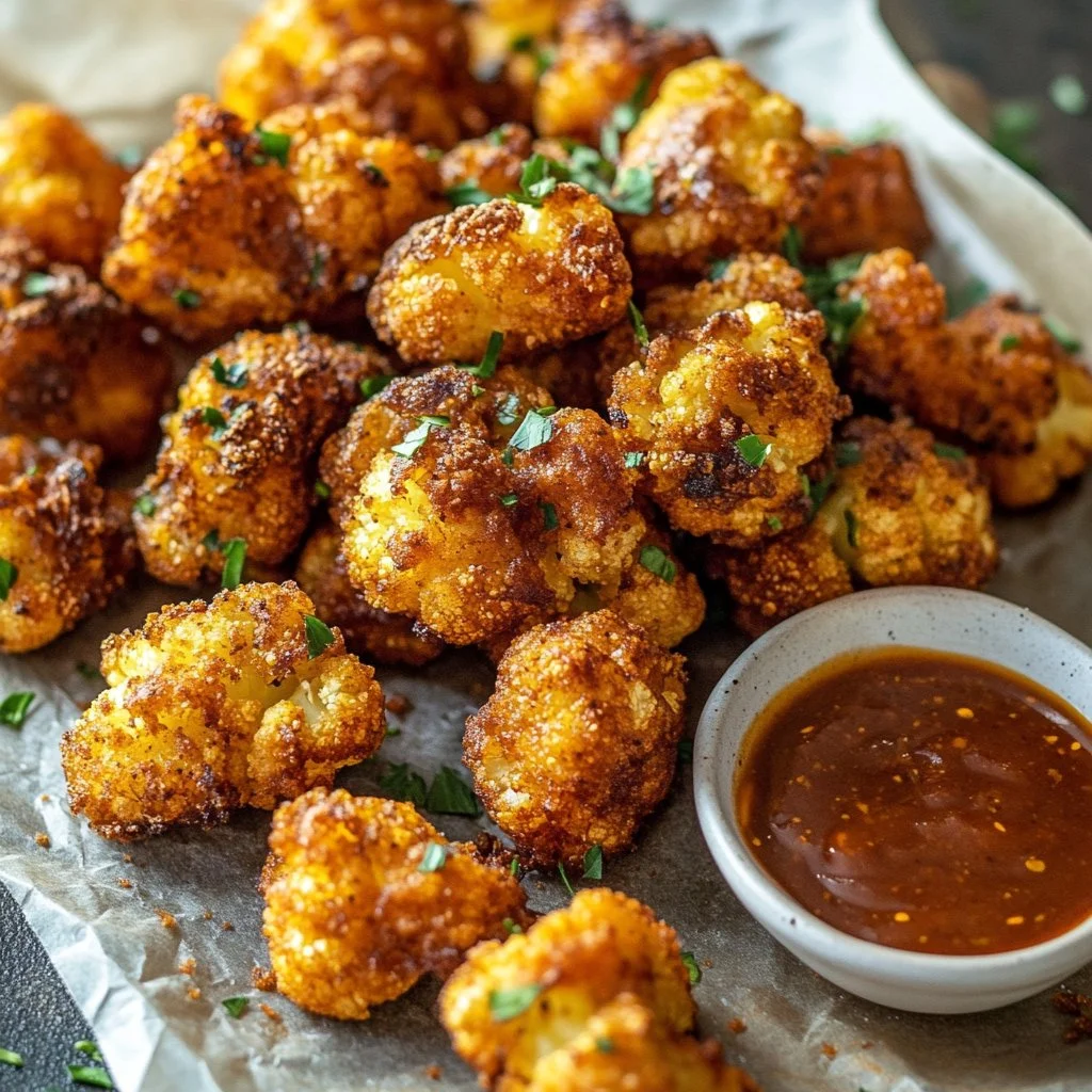 Crispy roasted cauliflower served on a plate, garnished with herbs.