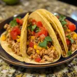 Crockpot chicken taco meat served with tortillas and toppings
