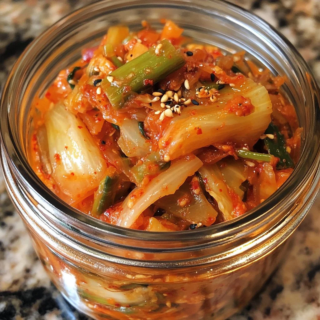 Bowl of homemade kimchi made with fresh vegetables and spices.