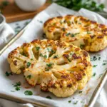 Deliciously grilled cauliflower steak on a plate, garnished with herbs.