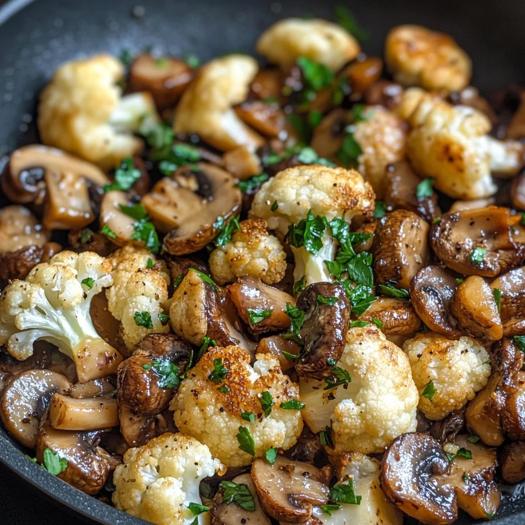 Flavor-packed garlic mushrooms in a vibrant cauliflower skillet