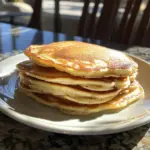 Delicious fluffy buttermilk pancakes stacked with syrup and berries