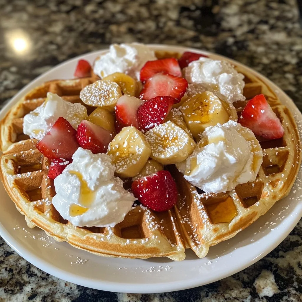 Fluffy Greek yogurt waffles topped with fresh berries and syrup