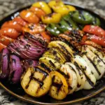 Fresh grilled vegetable platter with colorful veggies and balsamic glaze