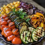 Fresh grilled vegetable platter with colorful veggies and balsamic glaze