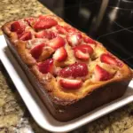 Loaf of freshly baked strawberry bread with slices on a wooden board