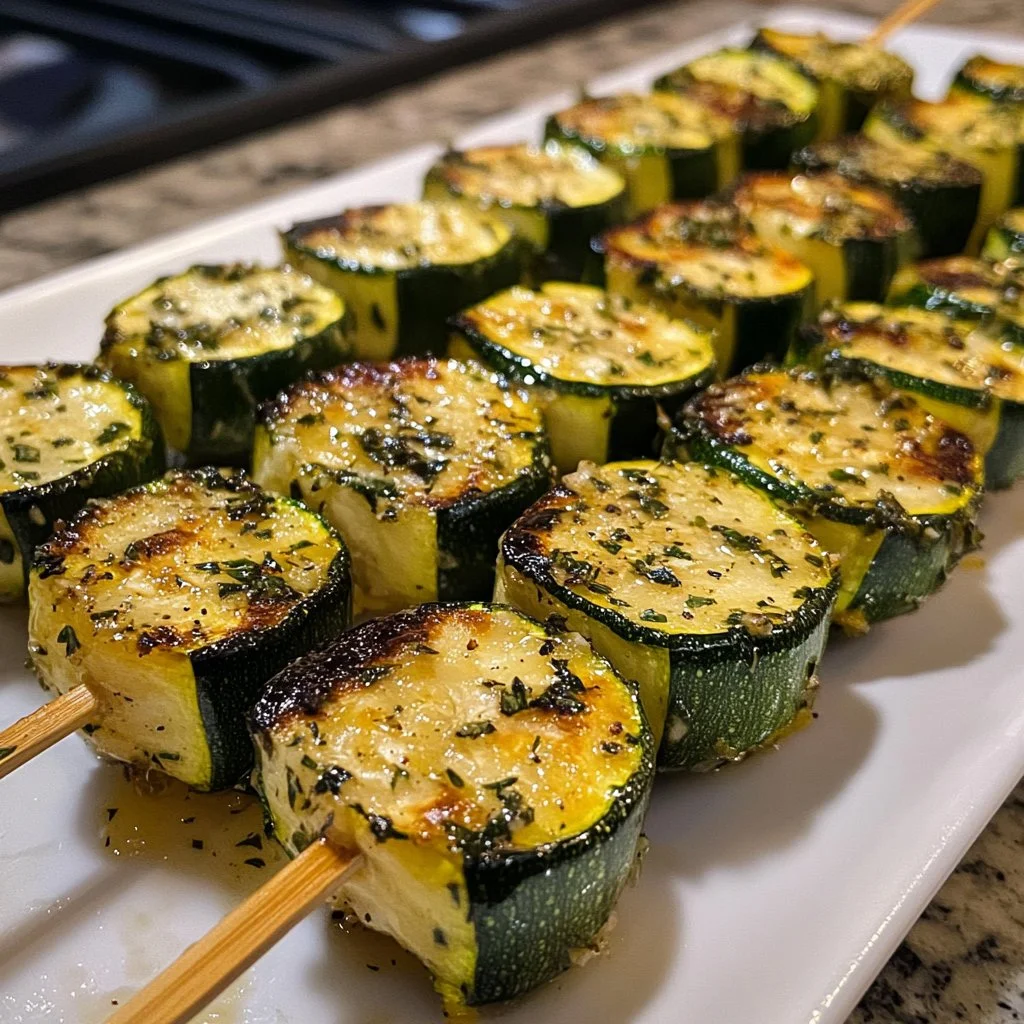 Garlic Butter Zucchini Skewers ready for grilling