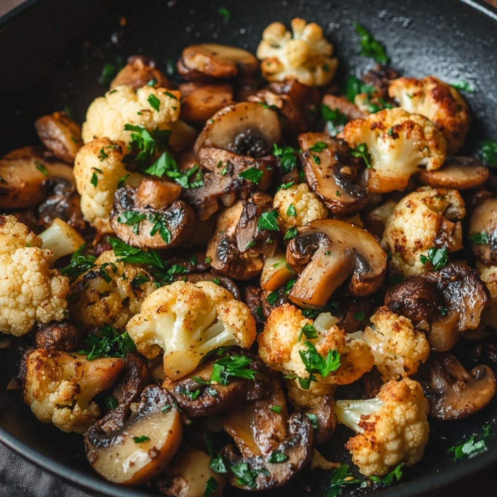 Garlic Cauliflower Mushroom Skillet served in a pan