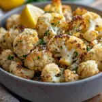 Bowl of Garlic-Parmesan roasted cauliflower with herbs and spices