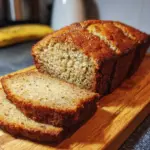 Loaf of gluten-free banana bread with slices on a wooden board