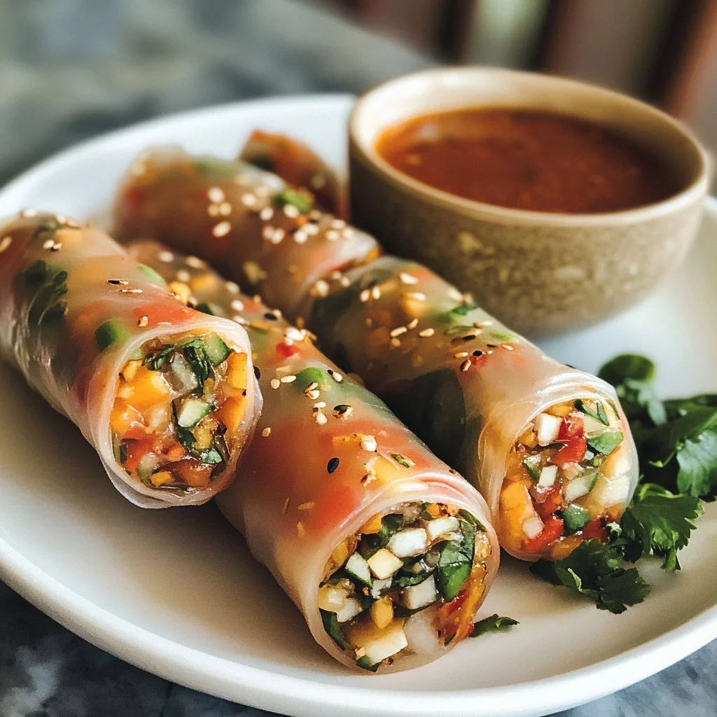 Delicious grain-free spring rolls filled with fresh vegetables and herbs.