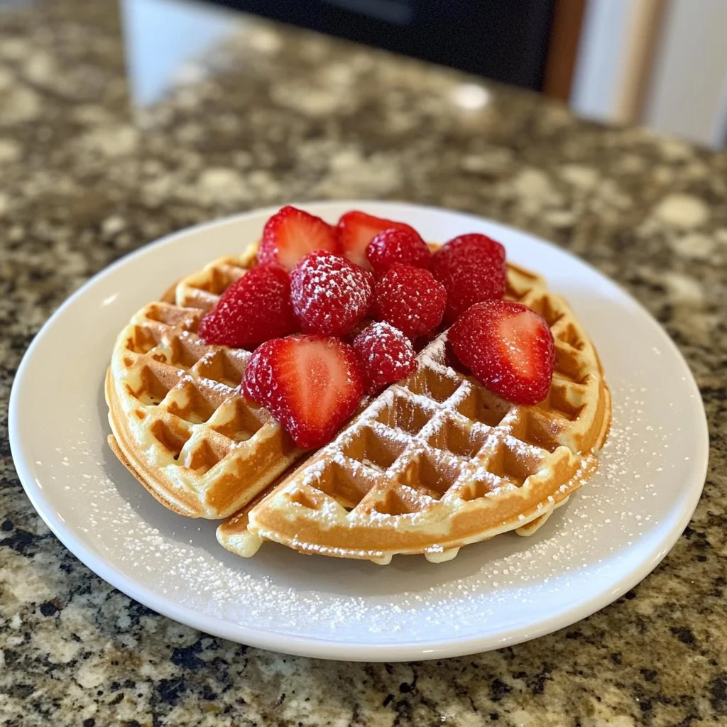 Delicious homemade waffles served with syrup and berries on a plate.