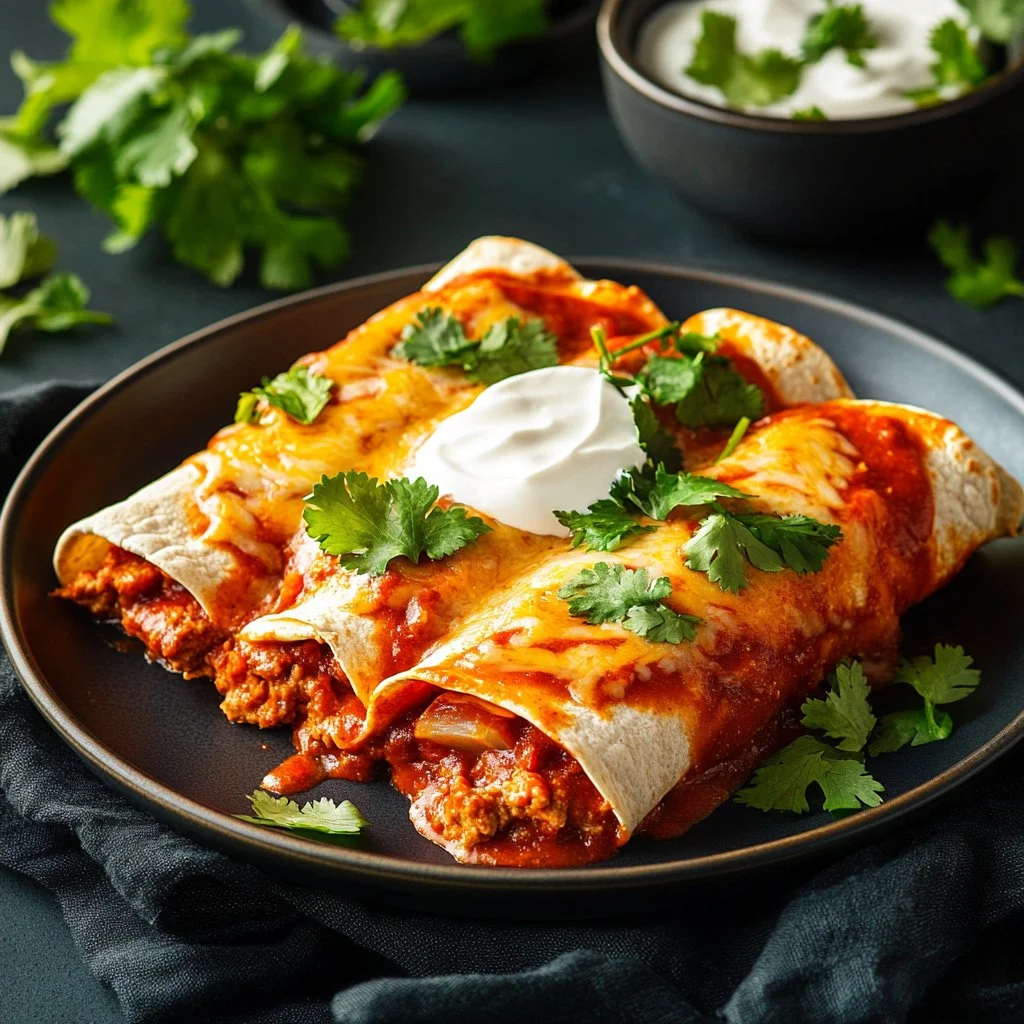 Delicious ground beef enchiladas served with cheese and salsa