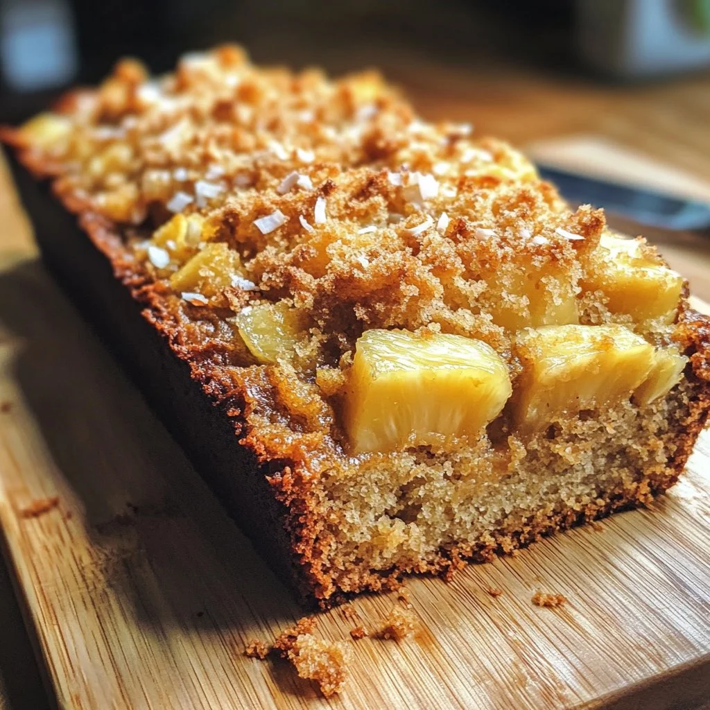 Delicious Hawaiian banana bread topped with pineapple and coconut.