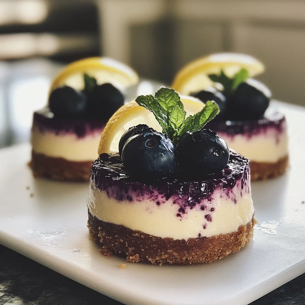 Healthy mini lemon blueberry cheesecakes topped with fresh blueberries.