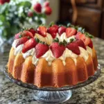 Slice of homemade strawberry Italian cream pound cake on a rustic table