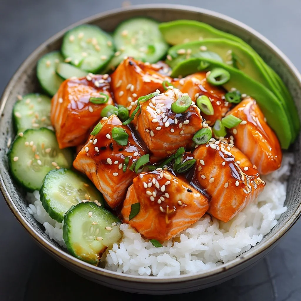 Delicious Honey Sriracha Salmon Bowl with colorful vegetables and rice