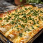 Indulgent queso chicken enchiladas topped with melted cheese and creamy sauce