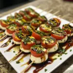 A platter of irresistible Mini Caprese Bites with mozzarella, tomatoes, and basil