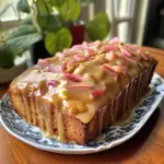 Delicious lemon rhubarb loaf drizzled with glaze on a wooden table