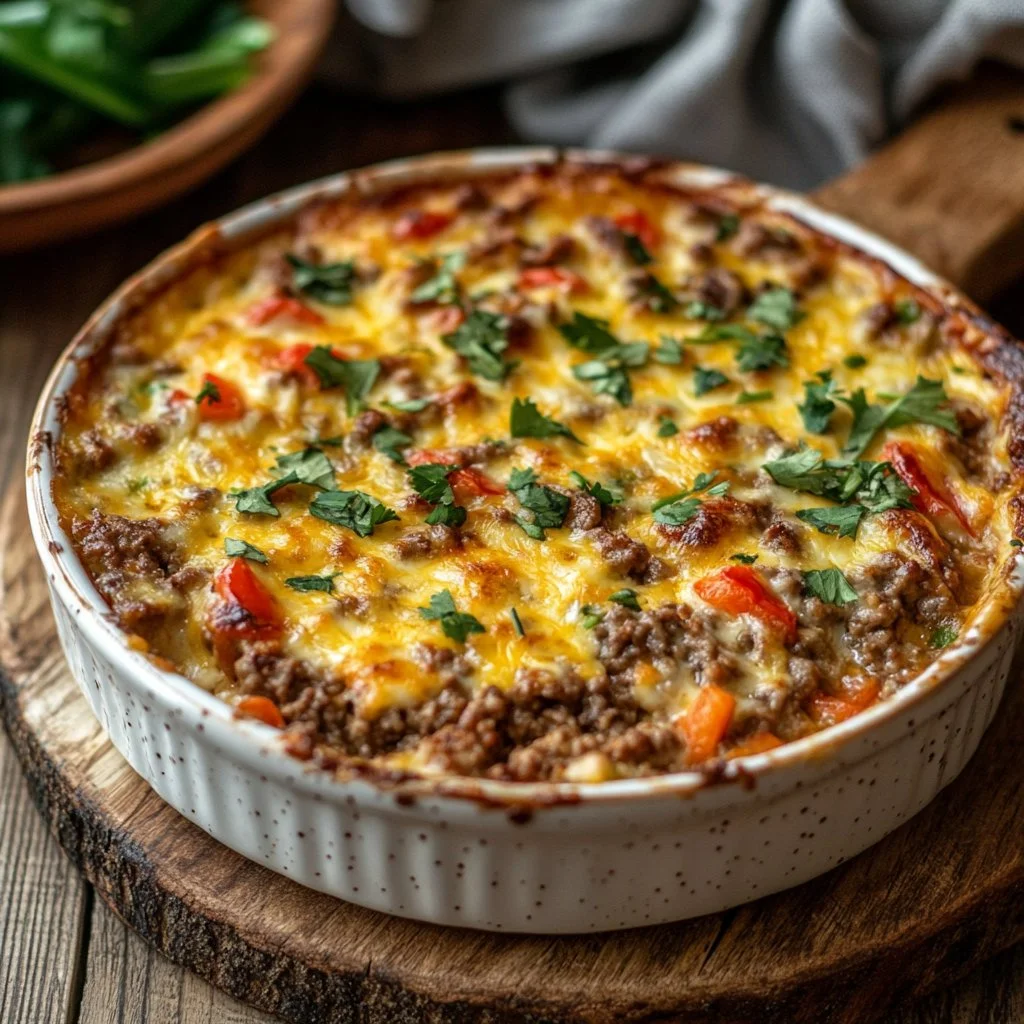 Low carb Philly cheesesteak casserole with cheese and peppers in a baking dish.