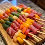 Colorful mini charcuterie skewers with meats, cheeses, and veggies.