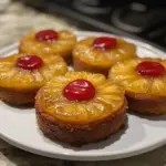 Mini pineapple upside down cakes served on a plate with cherries on top.