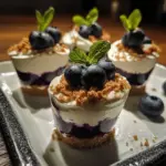 No-bake blueberry cheesecake shooters with fresh blueberries on top