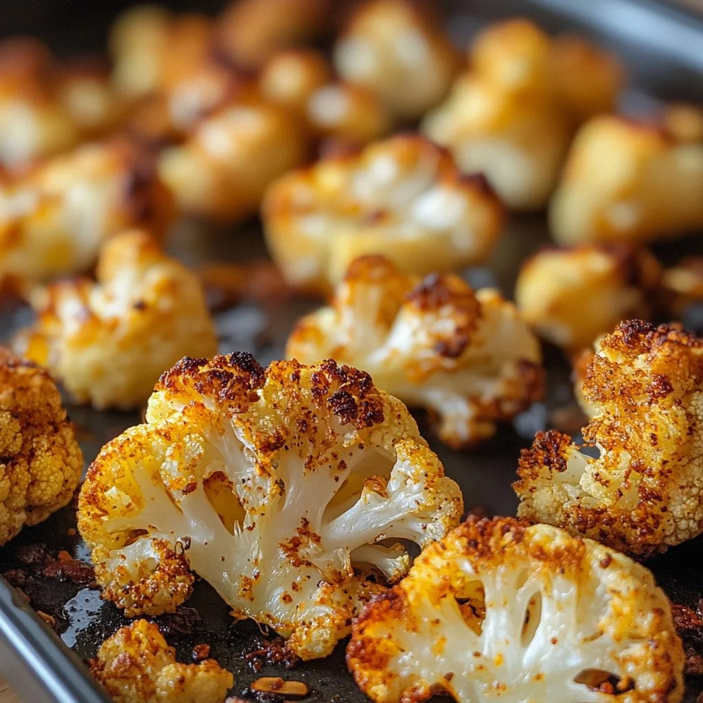 Bowl of oven roasted cauliflower seasoned with spices and herbs