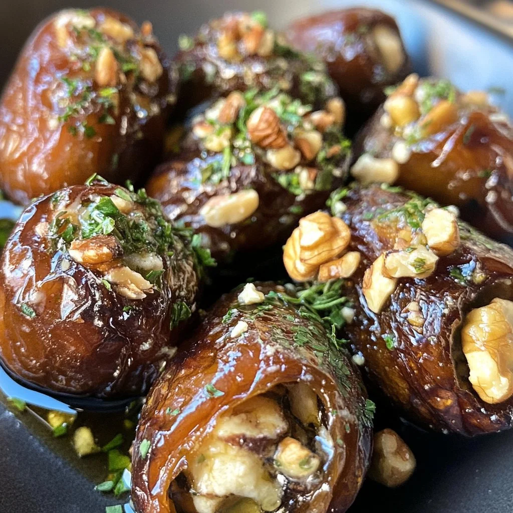 Roasted stuffed dates with goat cheese, nuts, and herbs on a serving platter